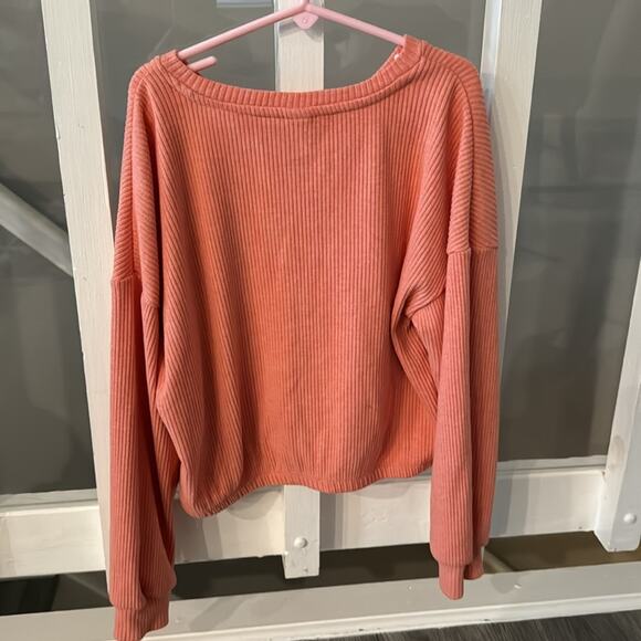 Old Navy Red Plaid Flannel Button Down and Light Orange Ribbed Tie Front Top - Picture 6 of 12